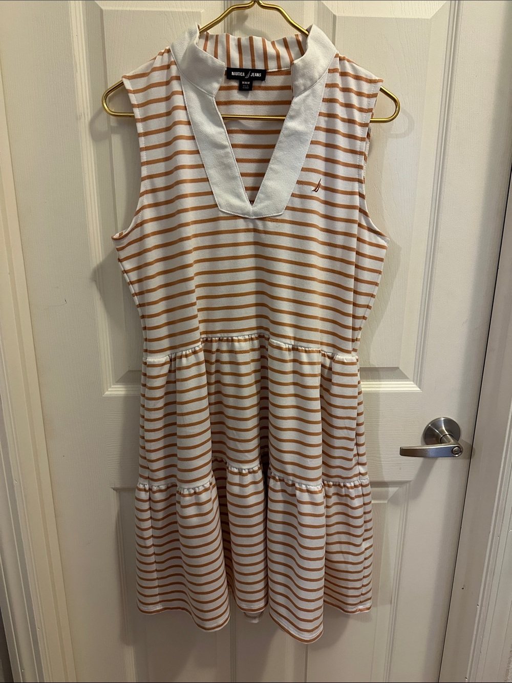 Nautica White and Tan Striped Midi Dress